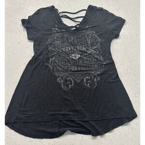 Harley Davidson Size S Short Sleeve Top Gray Stretch Rhinestone